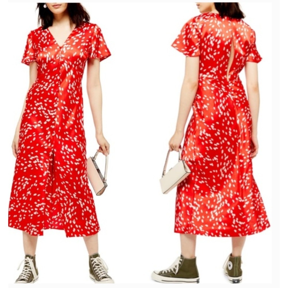 Topshop Retro Polka Dot Midi Dress Womens 6 Red Satin V-Neck Short Sleeve